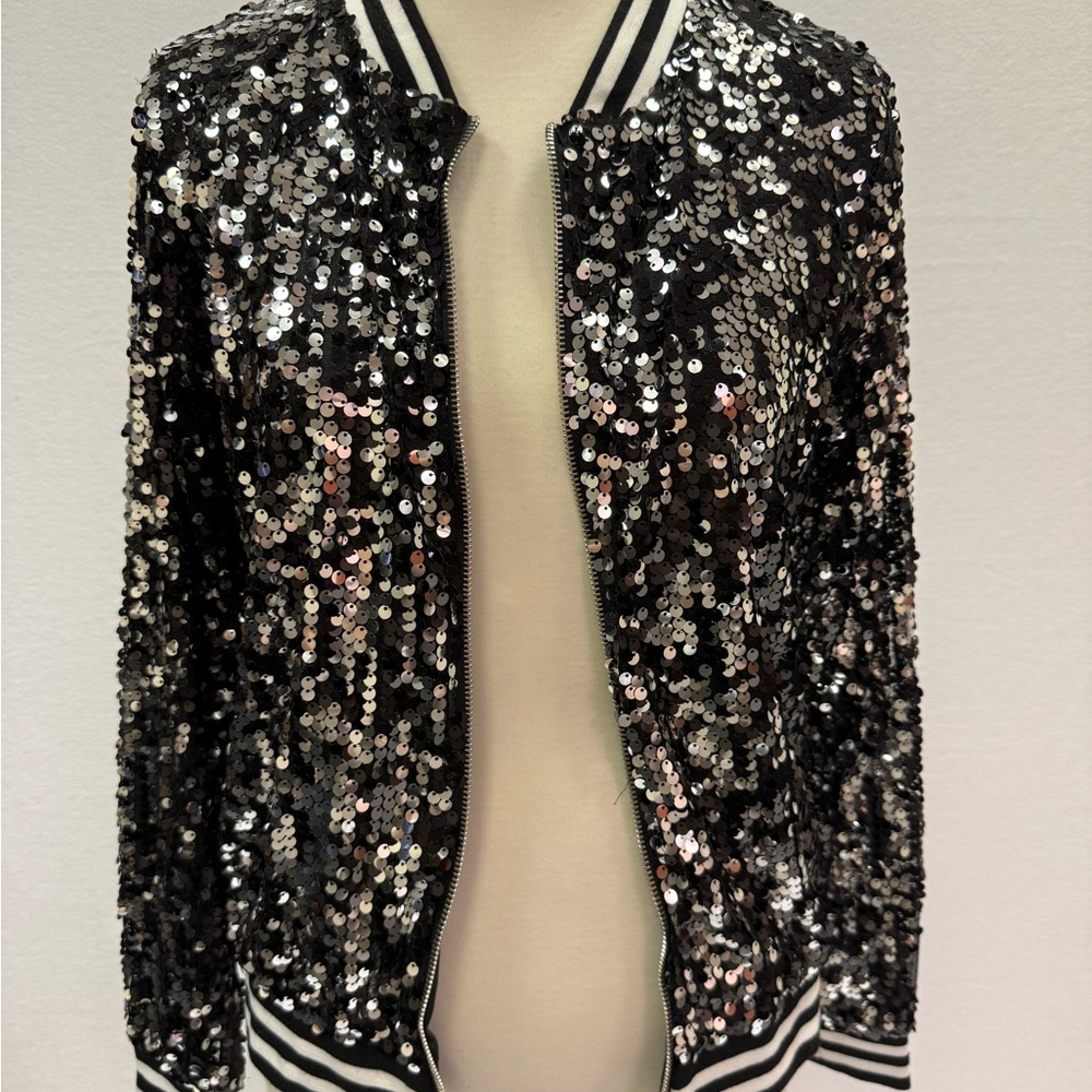 Glamorous Sequin Bomber Jacket - Black and Silver